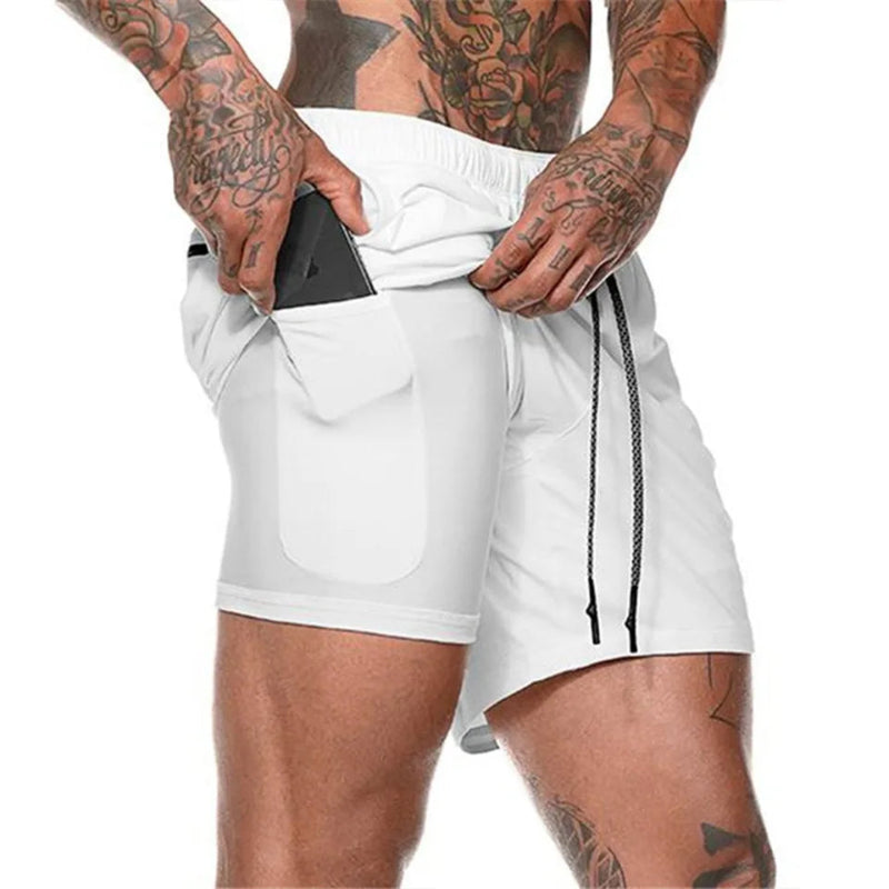 White athletic shorts with black side stripe worn by a person on a white background