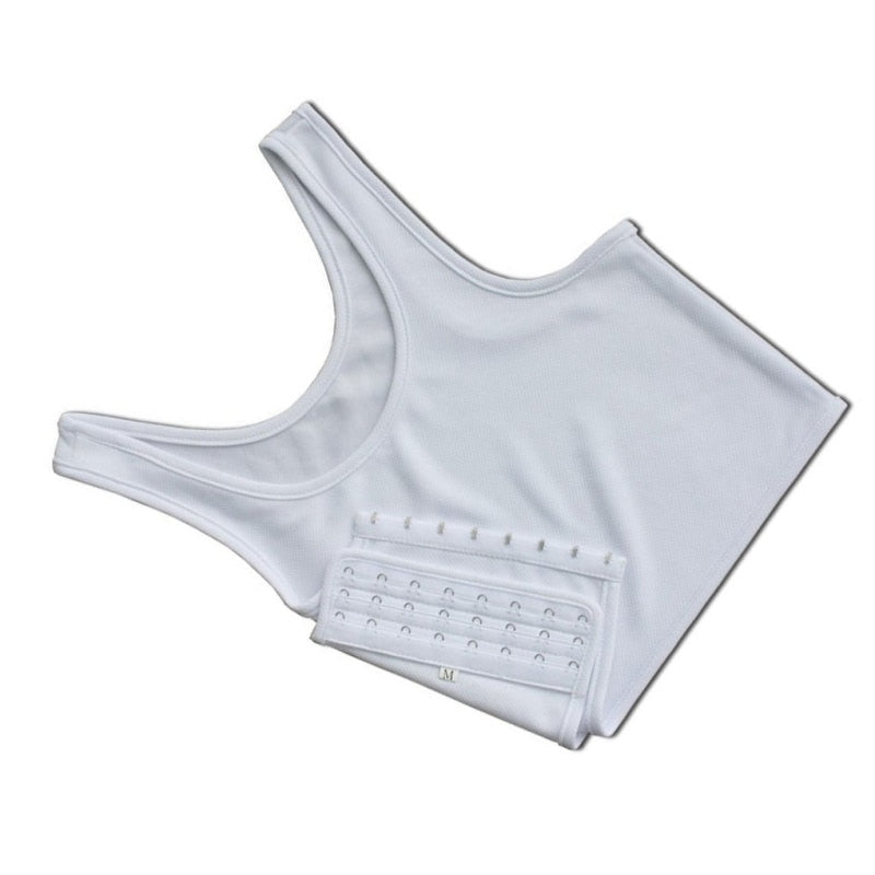 A white breathable chest binder with side buckles.