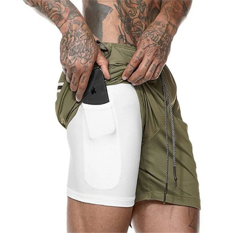 Two-tone shorts with a white front panel and green back panel worn by a person.