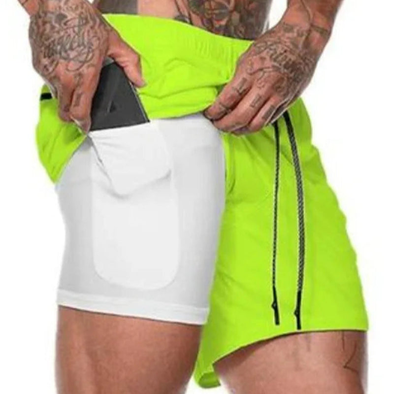 Person wearing a neon green and white shorts with a white background