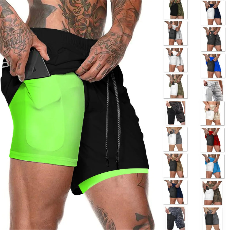 Person wearing black and green shorts with multiple color options displayed on the right.