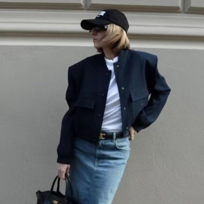 O-Neck Solid Color Casual Jacket With Pockets For Women