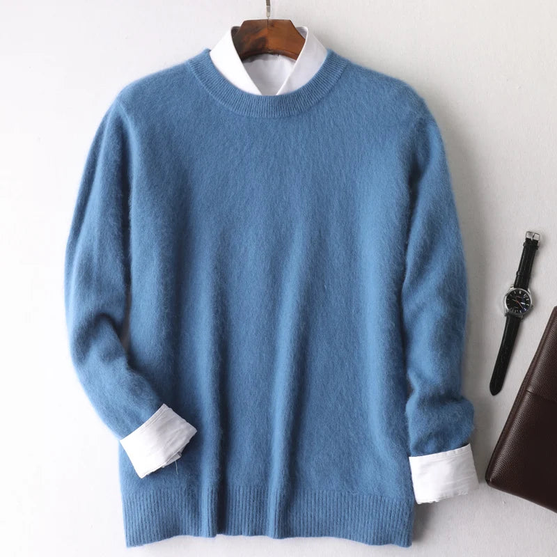 Blue sweater with white cuffs and collar on a wooden hanger against a white background