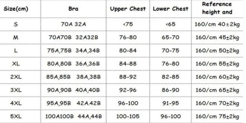 Size chart for bras with measurements in centimeters and reference heights.