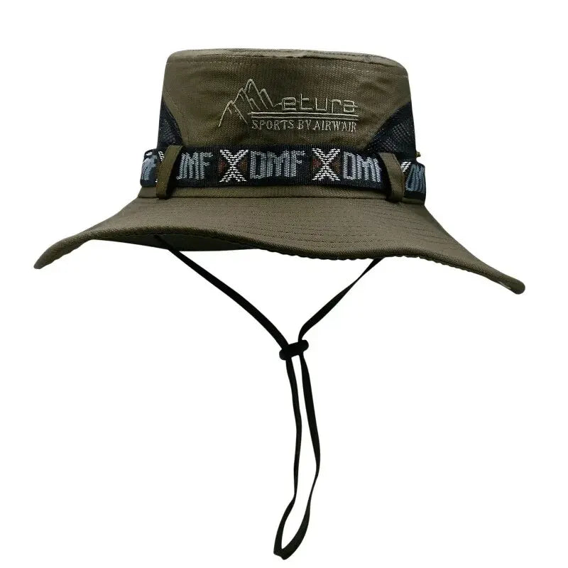 Brown wide-brimmed hat with a strap on a white background
