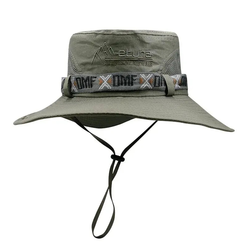 Green bucket hat with a strap and logo on a white background