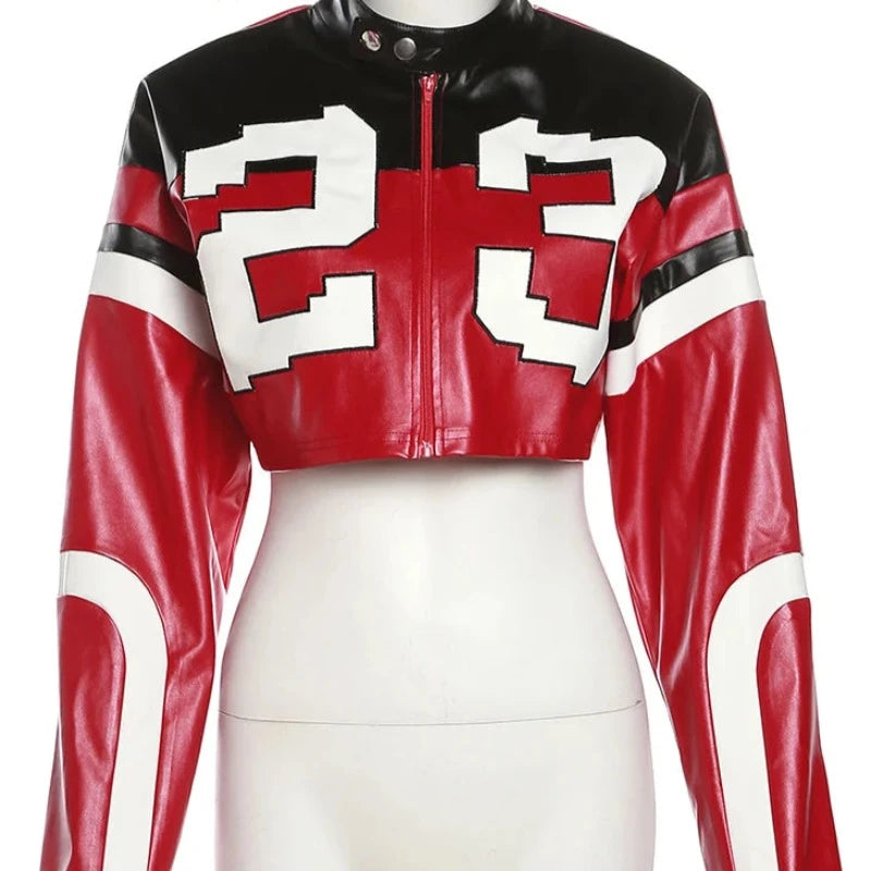 Edgy Attitude: Women's Faux Leather, Number Print Crop Jacket