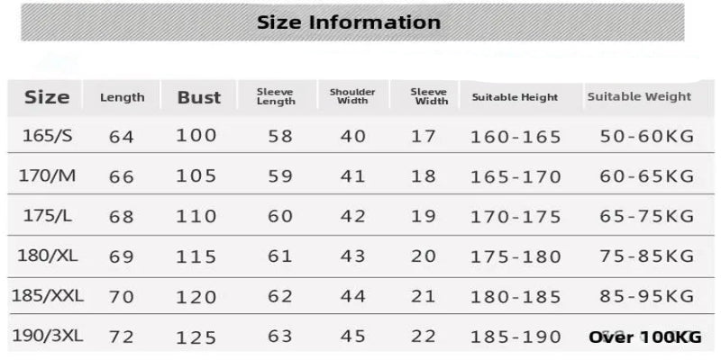 Size chart for clothing with measurements in centimeters and suitable weight ranges.