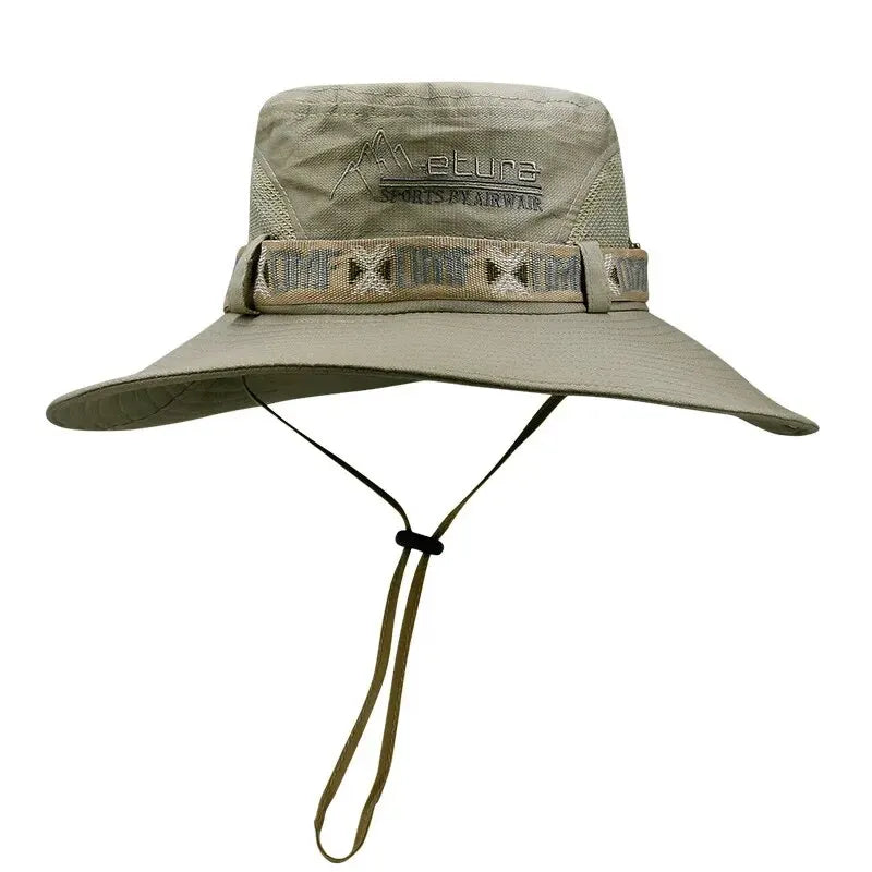 Khaki wide-brimmed hat with a strap on a white background