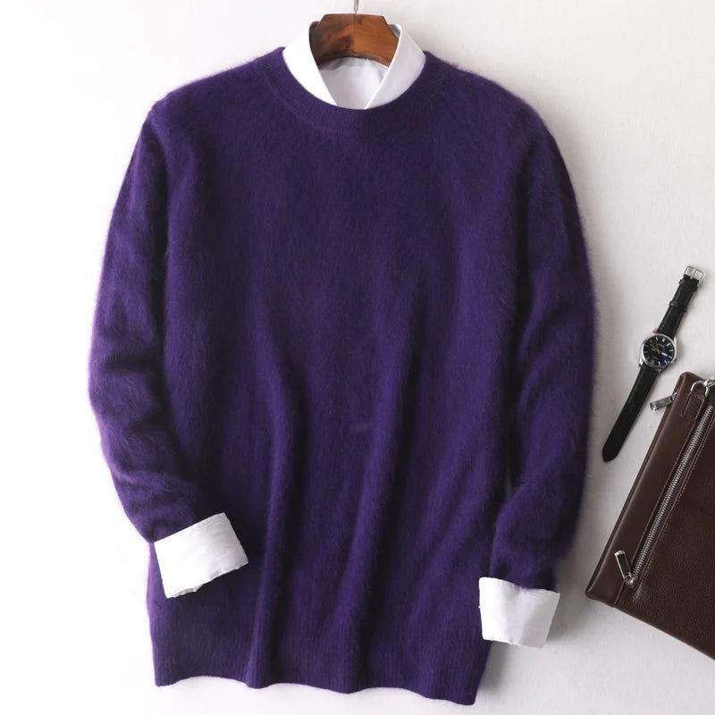 Purple sweater with white cuffs on a wooden hanger against a white background