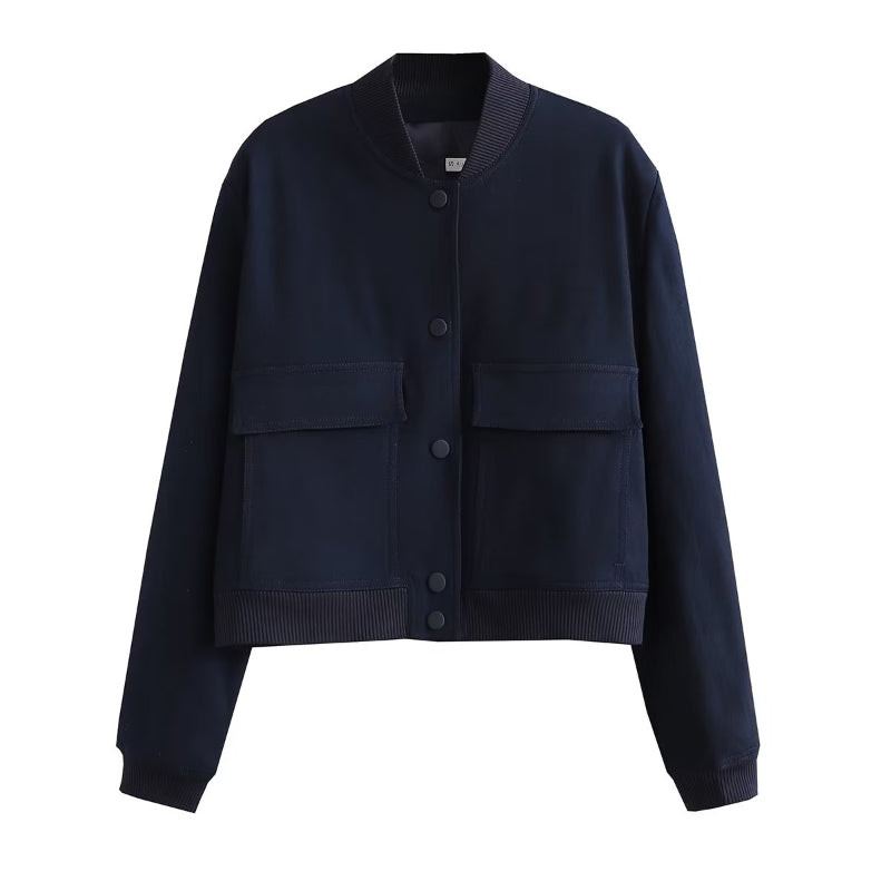 O-Neck Solid Color Casual Jacket With Pockets For Women