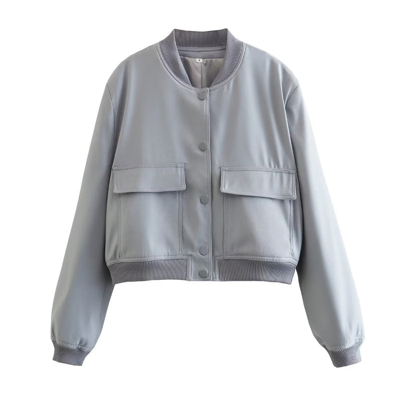 O-Neck Solid Color Casual Jacket With Pockets For Women