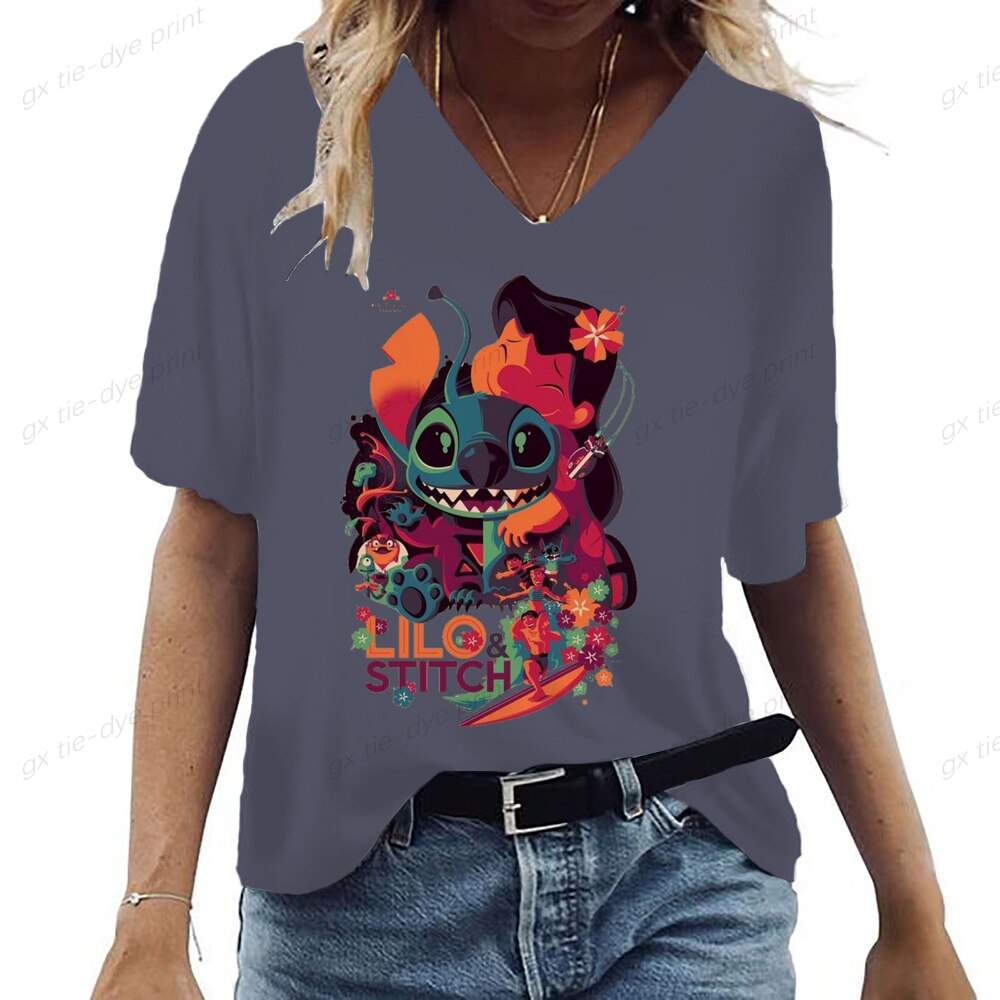 Lilo & Stitch Print V-Neck T-Shirt