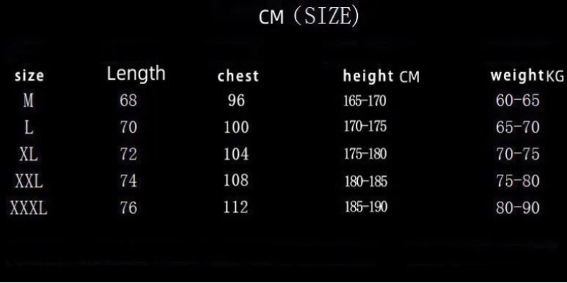 Size chart for clothing with measurements in centimeters and kilograms on a black background