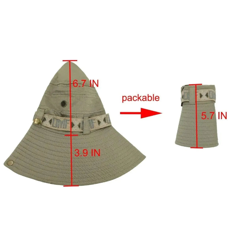 Khaki hat with measurements and packability indicator on a white background