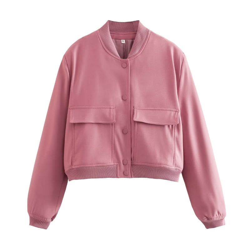 O-Neck Solid Color Casual Jacket With Pockets For Women