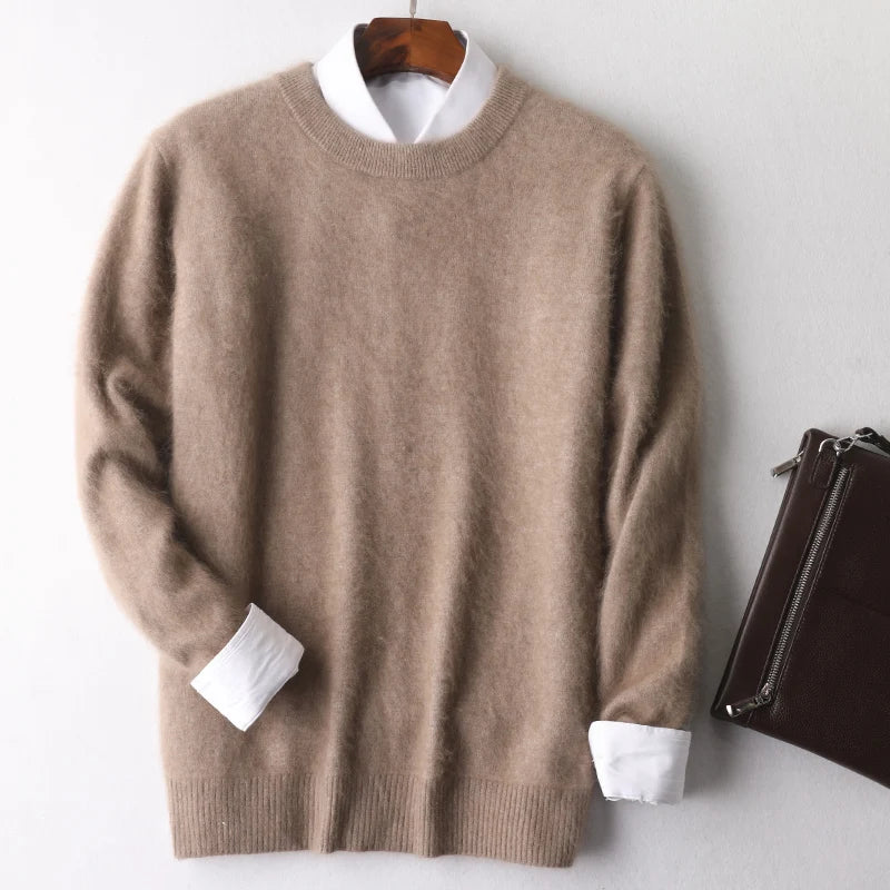 Brown sweater with white cuffs and collar on a hanger against a light gray background