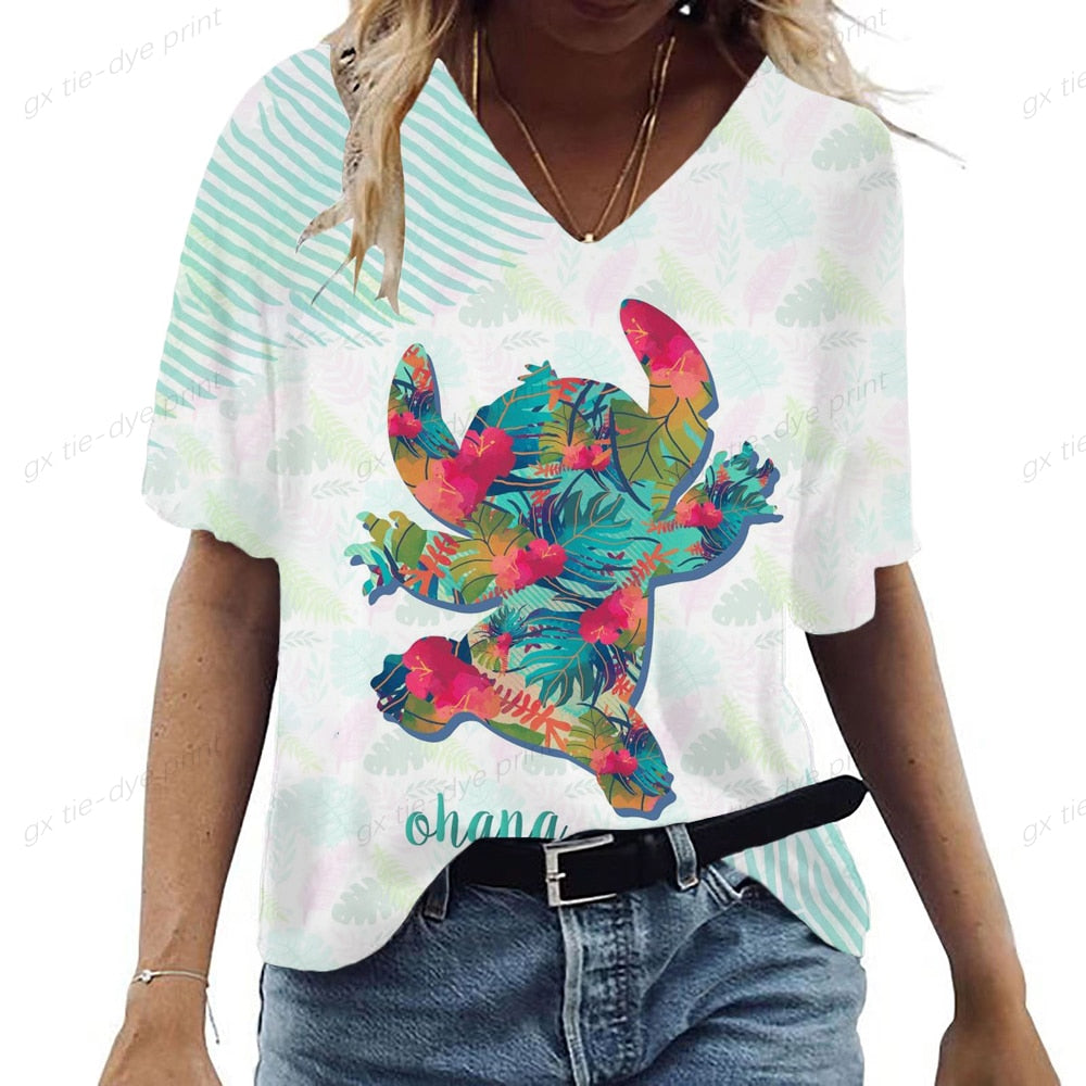 Lilo & Stitch Print V-Neck T-Shirt
