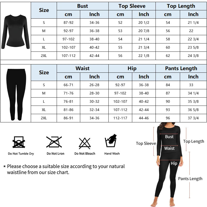 Size chart for a black outfit with measurements in centimeters and inches.