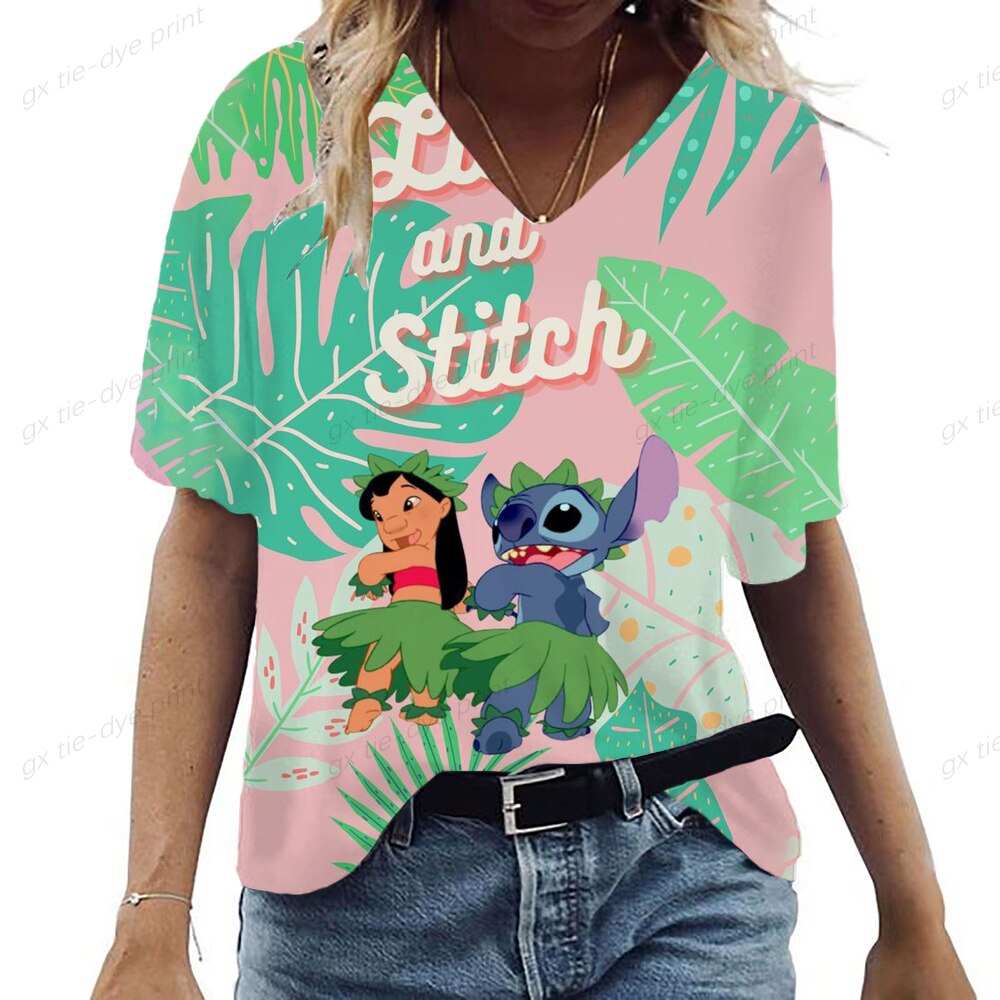 Lilo & Stitch Print V-Neck T-Shirt