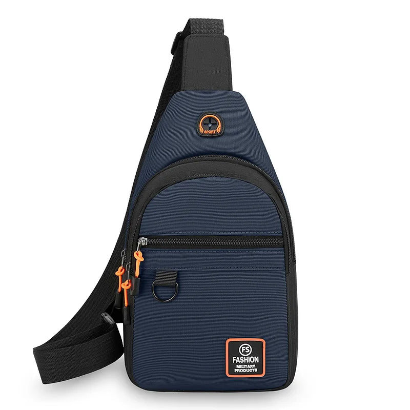 Navy blue sling bag with orange accents on a white background