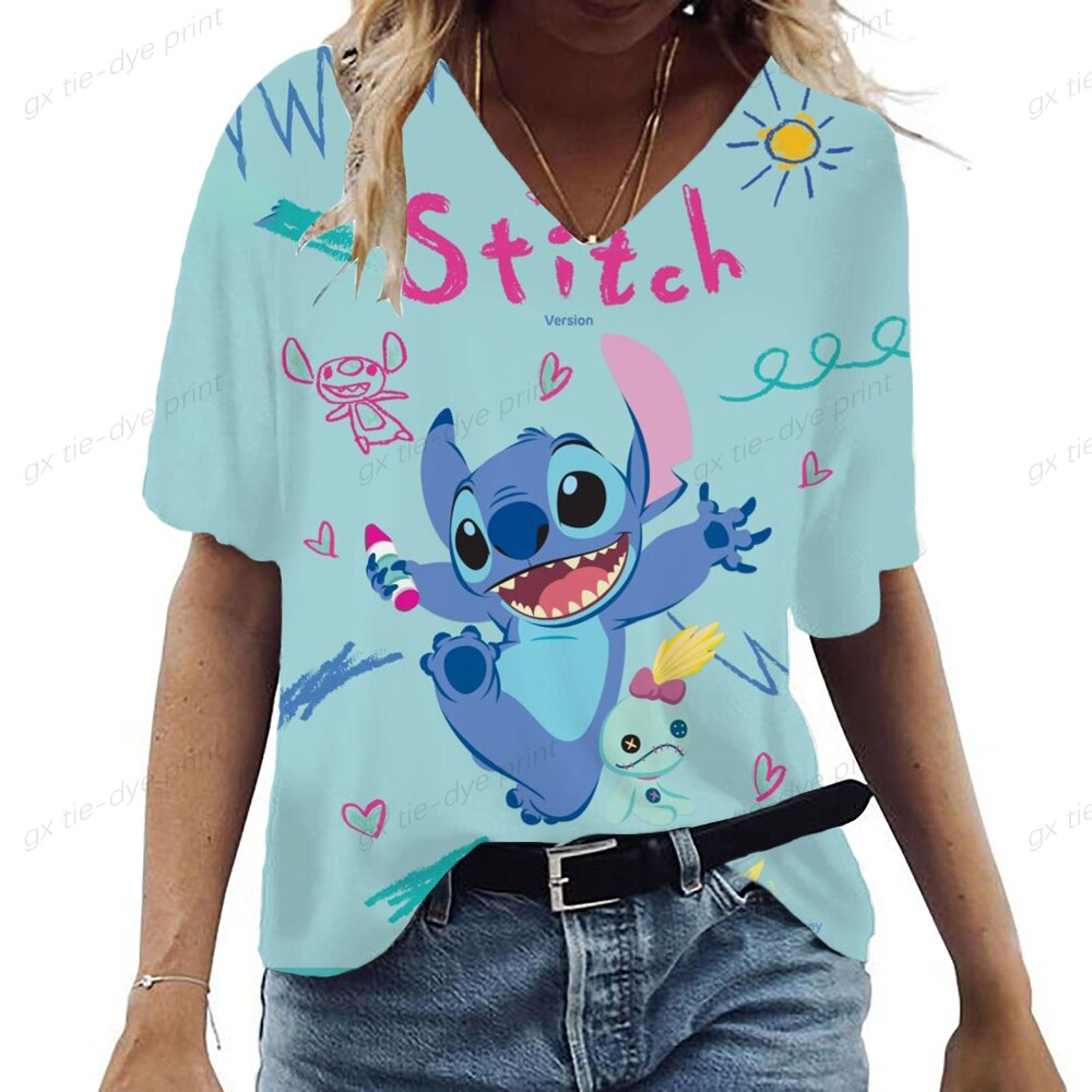 Lilo & Stitch Print V-Neck T-Shirt