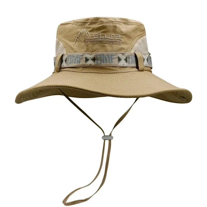 Beige wide-brimmed hat with a strap on a white background