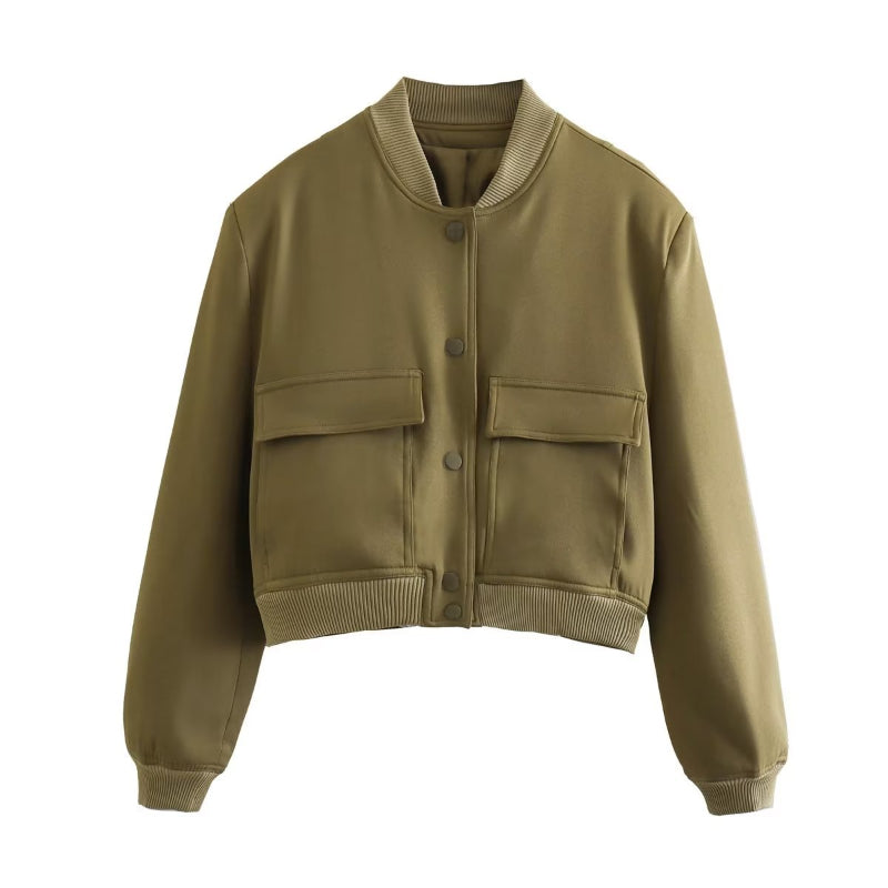 O-Neck Solid Color Casual Jacket With Pockets For Women