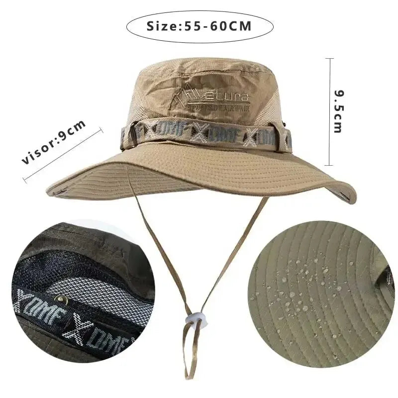 Beige bucket hat with measurement details on a white background