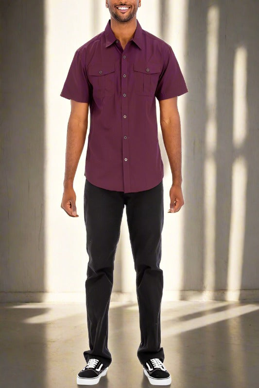 Classic Comfort: Two-Pocket Button-Down Short Sleeve Burgundy Shirt