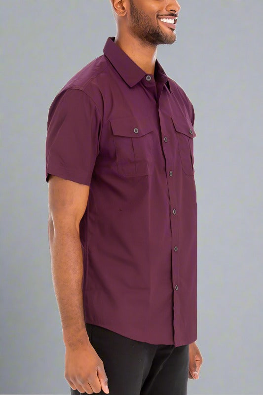 Classic Comfort: Two-Pocket Button-Down Short Sleeve Burgundy Shirt