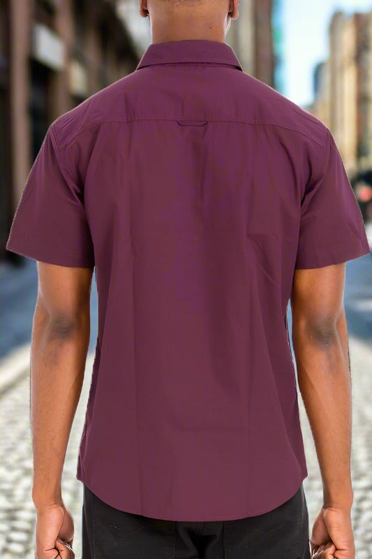 Classic Comfort: Two-Pocket Button-Down Short Sleeve Burgundy Shirt