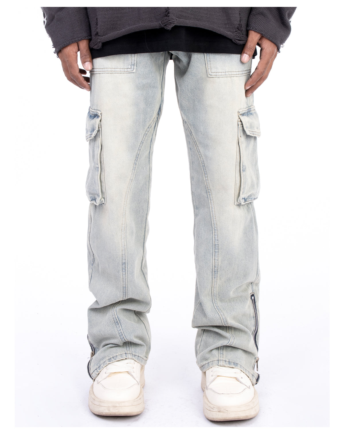 Washed Micro Elastic Cargo Jeans With Zipper Design