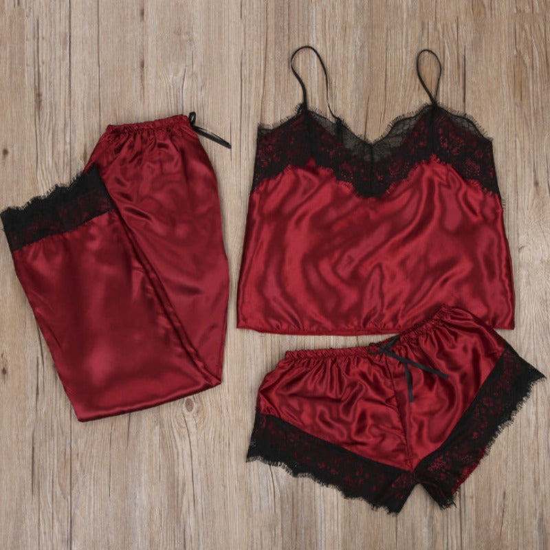 Nighttime Nightie: 3-Piece Lace PJs Set In 9 Colors