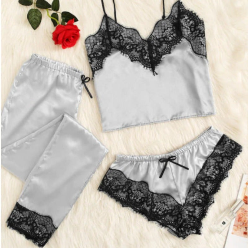 Nighttime Nightie: 3-Piece Lace PJs Set In 9 Colors