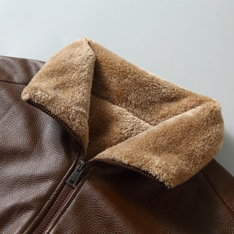 Rugged Comfort: Leather Lapel Fleece Padded Jacket