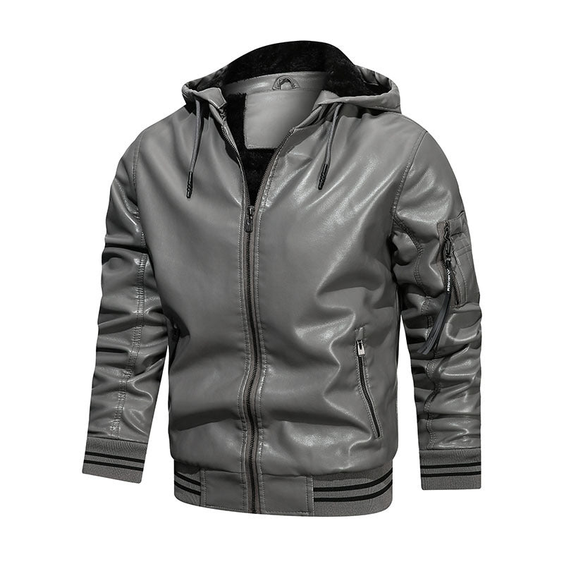 Level Up Your Look: Multi-Pocket Hooded Leather Jacket