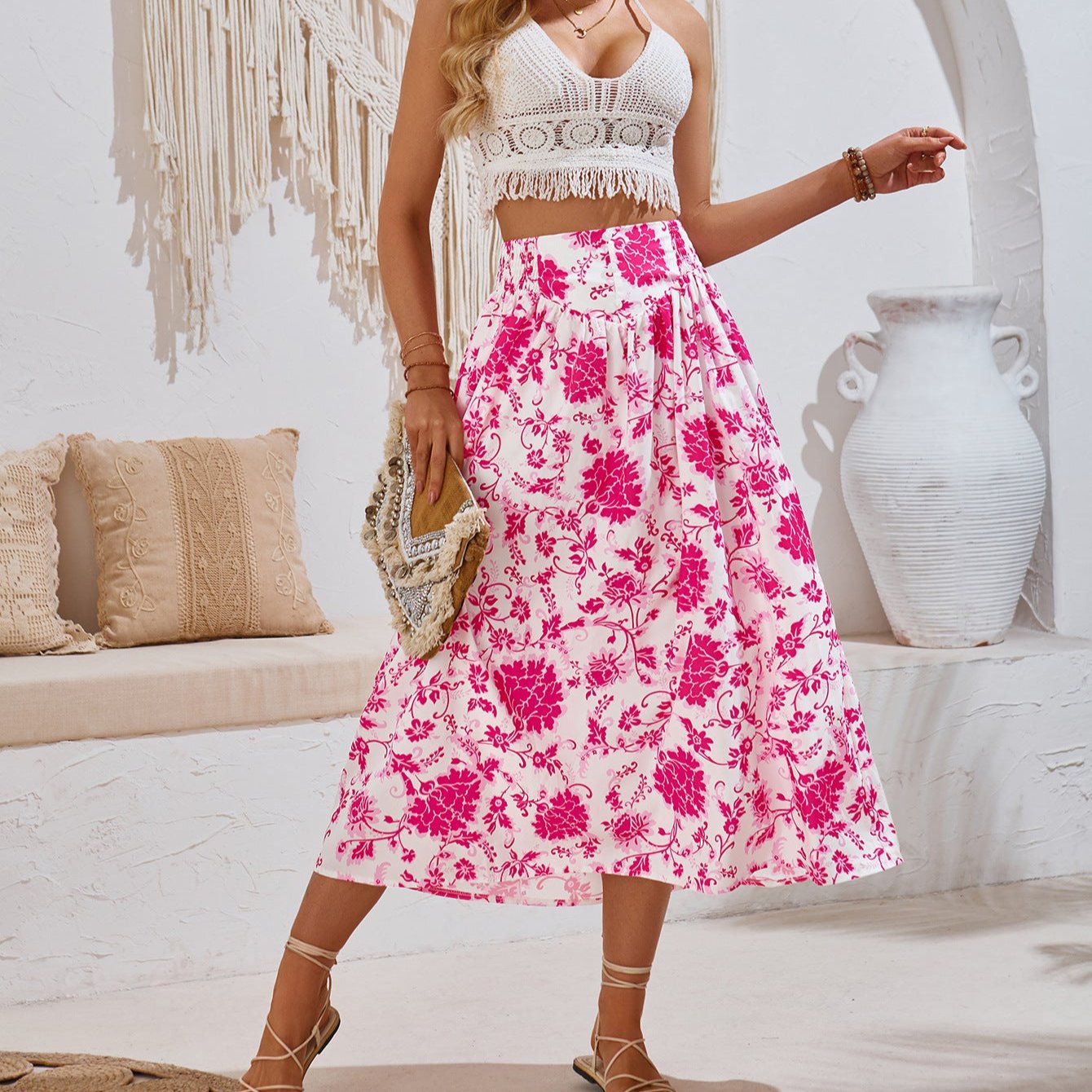 Feminine Floral Skirt: High-Waisted Casual & Stylish Mid-Length Skirt