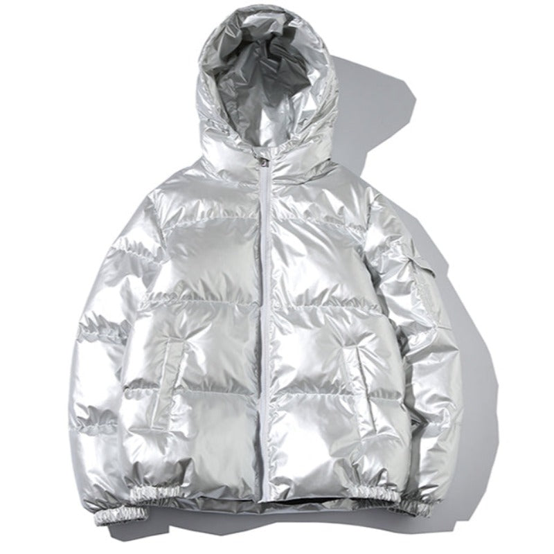 Metallic Hooded Puff Jacket With Cozy Cotton Fill