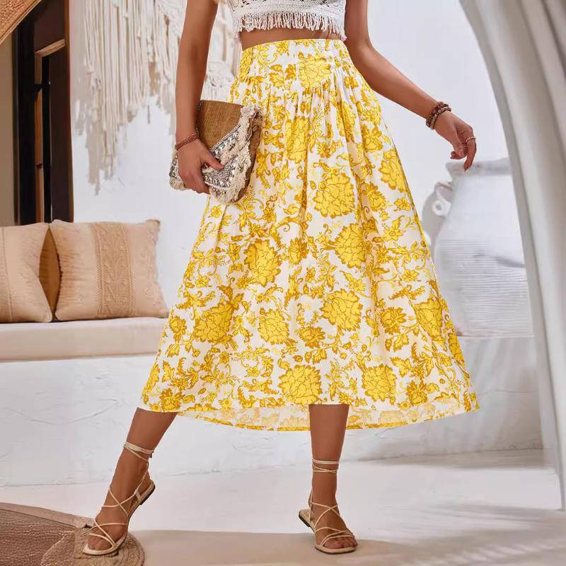 Feminine Floral Skirt: High-Waisted Casual & Stylish Mid-Length Skirt