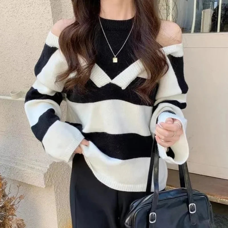 Striped Chic: Women's Off-Shoulder Knit Sweater