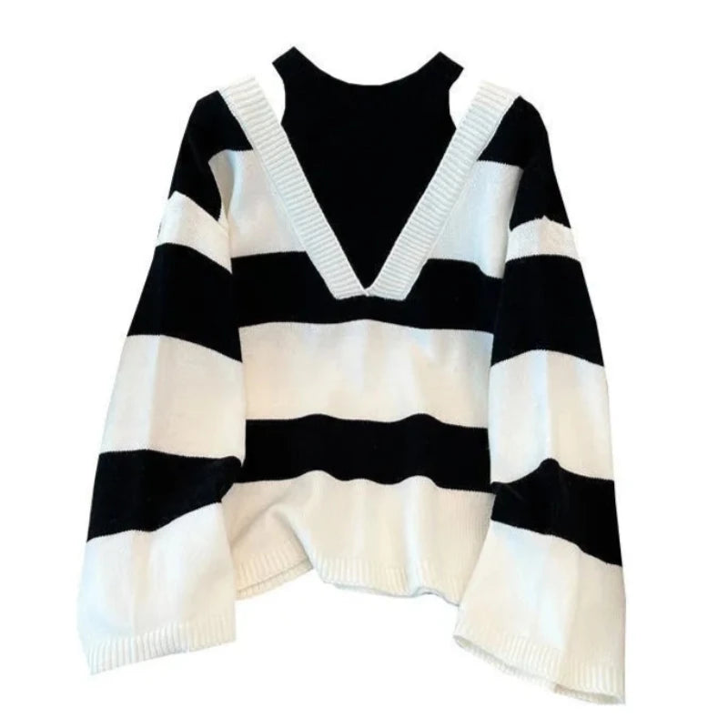 Striped Chic: Women's Off-Shoulder Knit Sweater