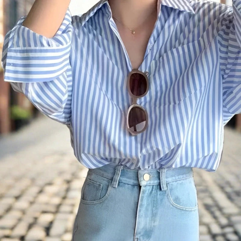 Minimalist Chic: Striped Long Sleeve Shirt With Pocket (Women's)