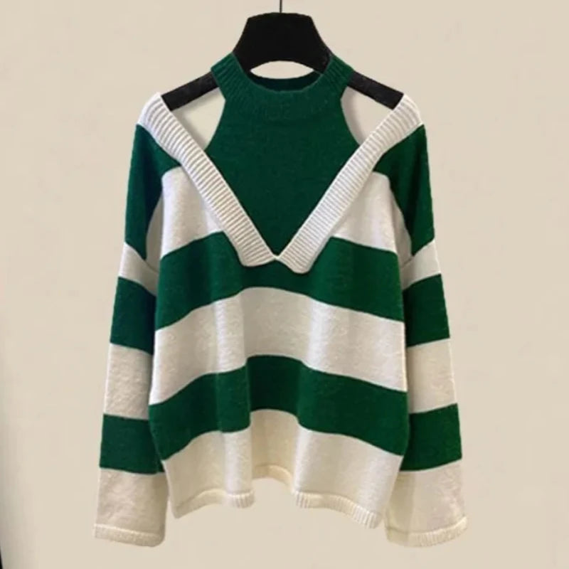 Striped Chic: Women's Off-Shoulder Knit Sweater