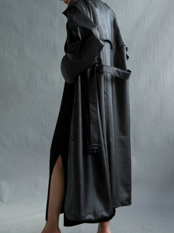 Commanding Presence: A Longline Faux Leather Trench Coat For Women