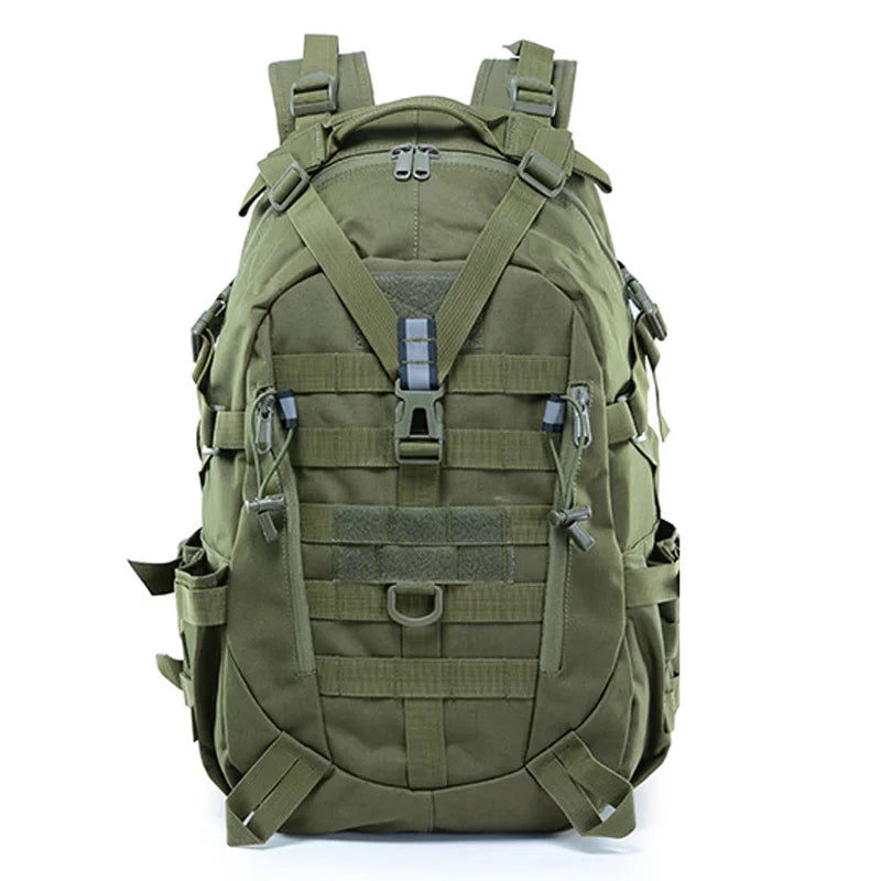 Green tactical backpack on a white background