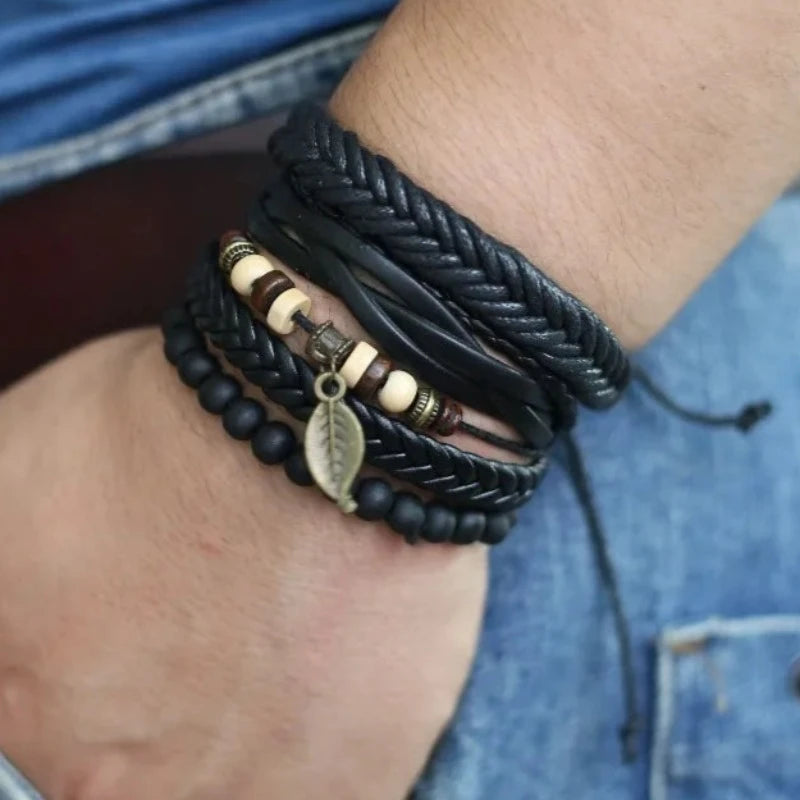 Leather & Rope Harmony: Unisex 4-Piece Bracelet Set (10 Designs)