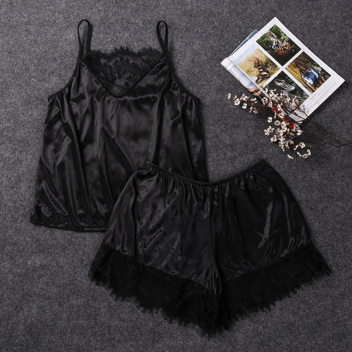 Moonlight Sonata: Flowing Satin & Lace Pajamas For A Touch Of Elegance