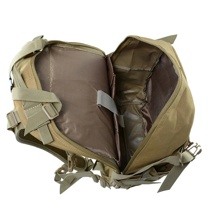 Open beige tactical backpack on a white background
