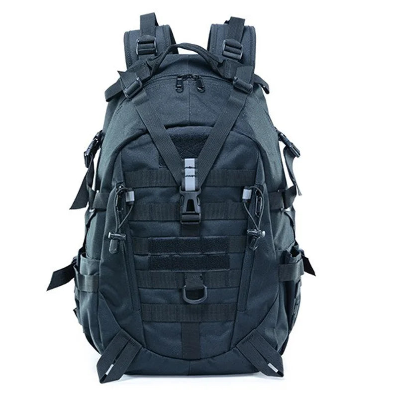 Black tactical backpack on a white background